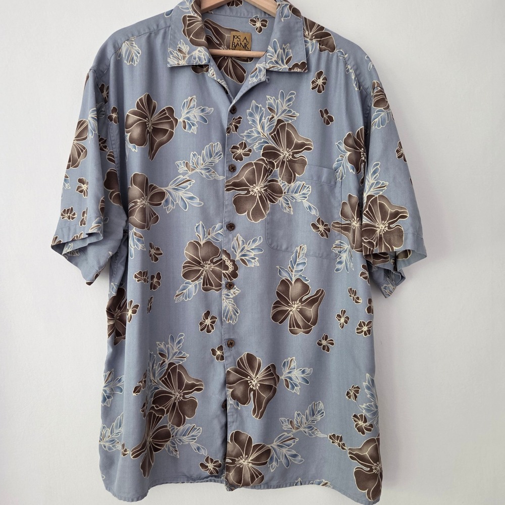 Jos. A. Bank Button Up Blue Silk Tropical Floral Herringbone Shirt Womens XL - Picture 2 of 5